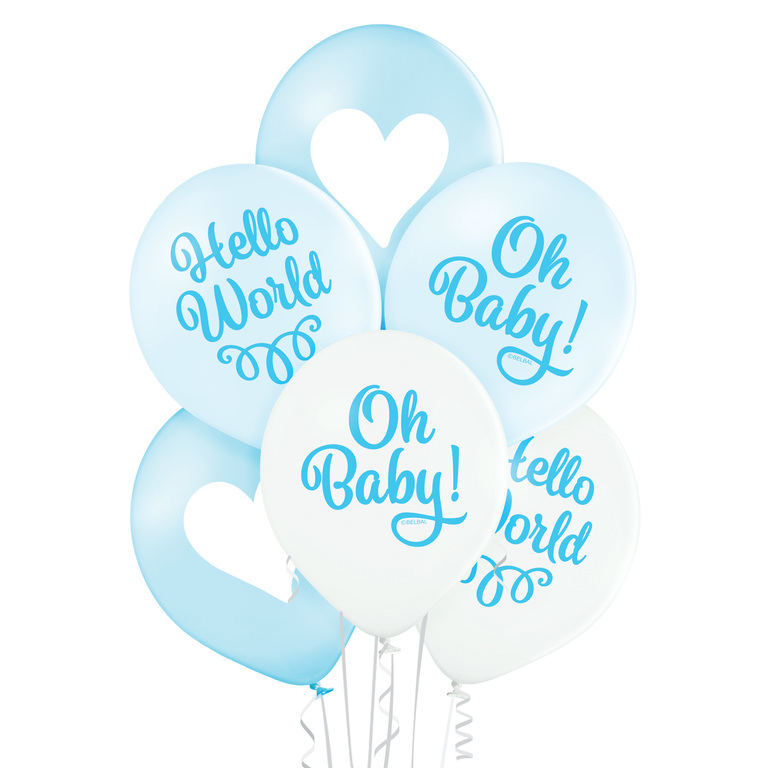 Balony  na narodziny chłopca z napisami Hello World, Oh! Baby i sercami