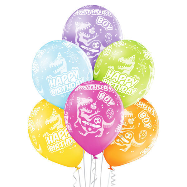 Balony urodzinowe z Napisem Birthday Boy dla chłopca z dinozaurami