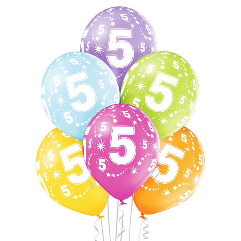 Balony lateksowe 6 sztuk w opakowaniu mix kolorów z cyferką urodzinową '5'