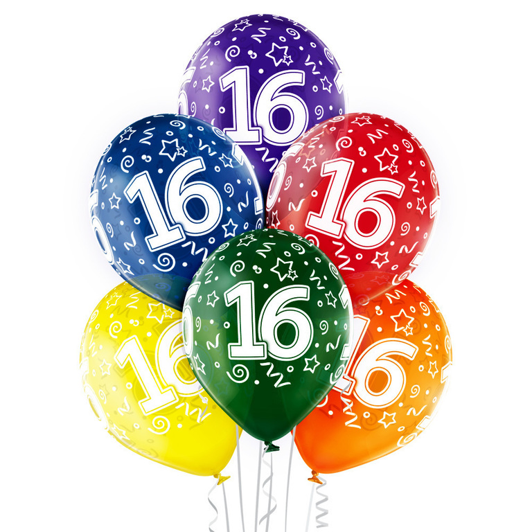Balony lateksowe transparente 6 sztuk w opakowaniu mix kolorów z nadrukowaną cyfrą '216'