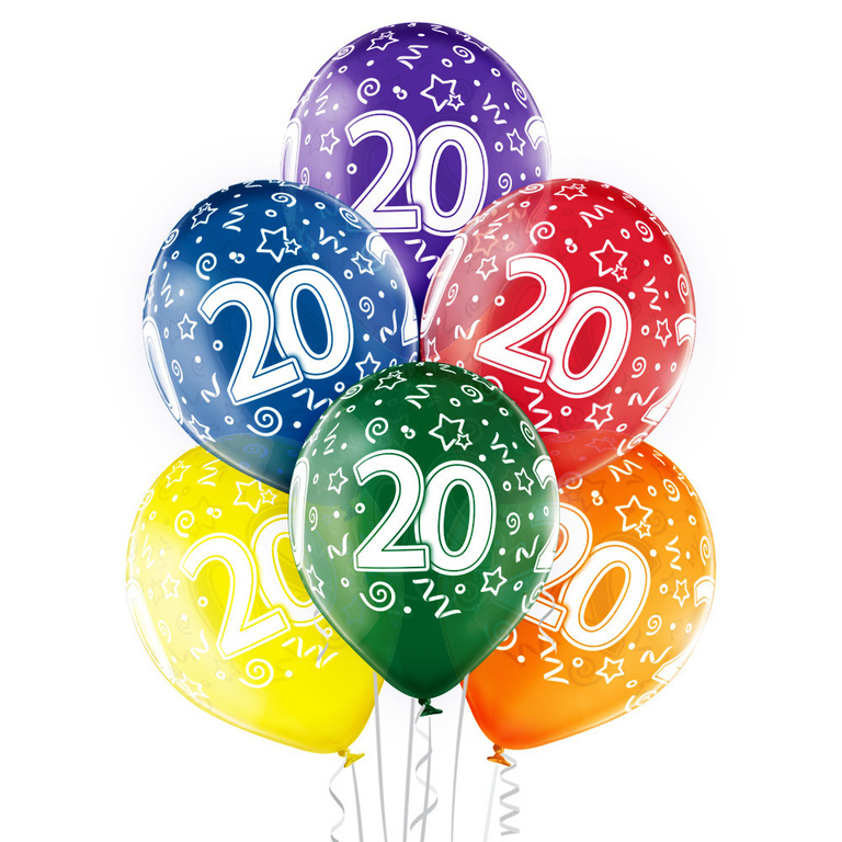 Balony lateksowe transparente 6 sztuk w opakowaniu mix kolorów z nadrukowaną cyfrą '20'