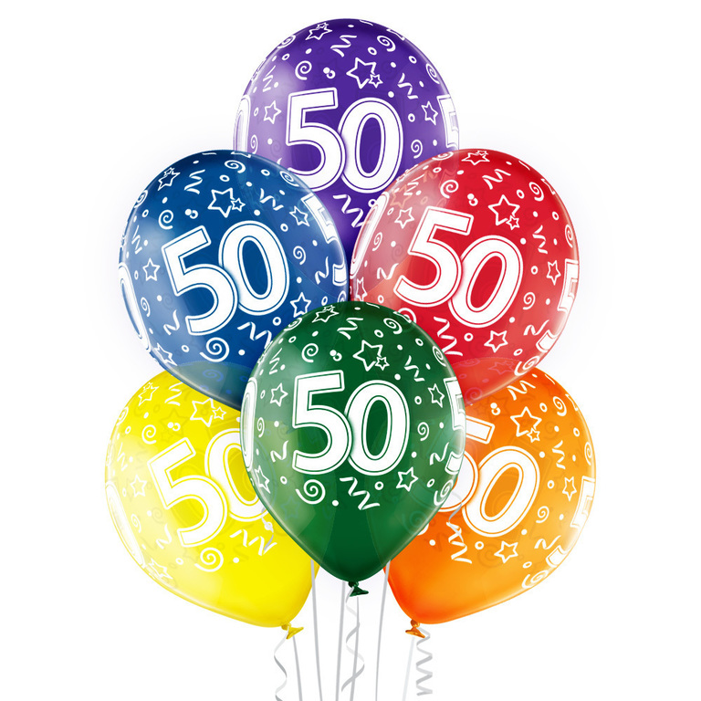 Balony lateksowe transparentne 6 sztuk w opakowaniu mix kolorów na urodziny '50'