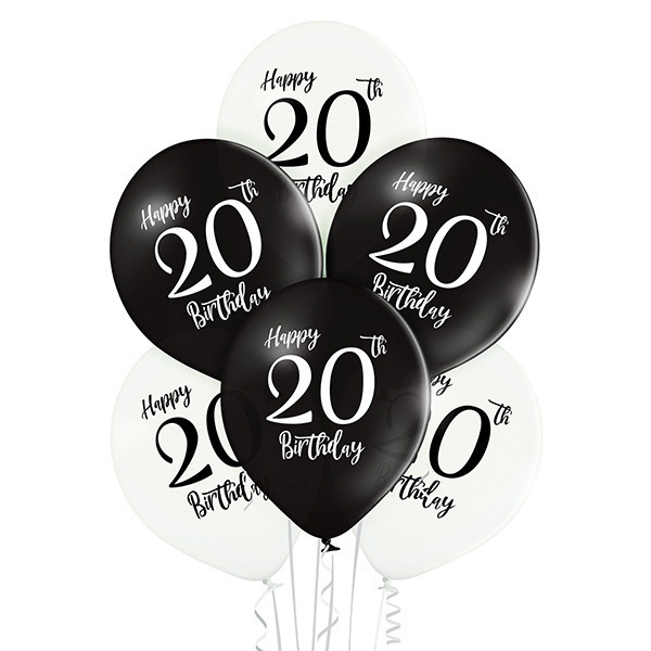 Balony lateksowe 6 sztuk w opakowaniu w kolorach biało czarnych z nadrukowaną cyfrą  20