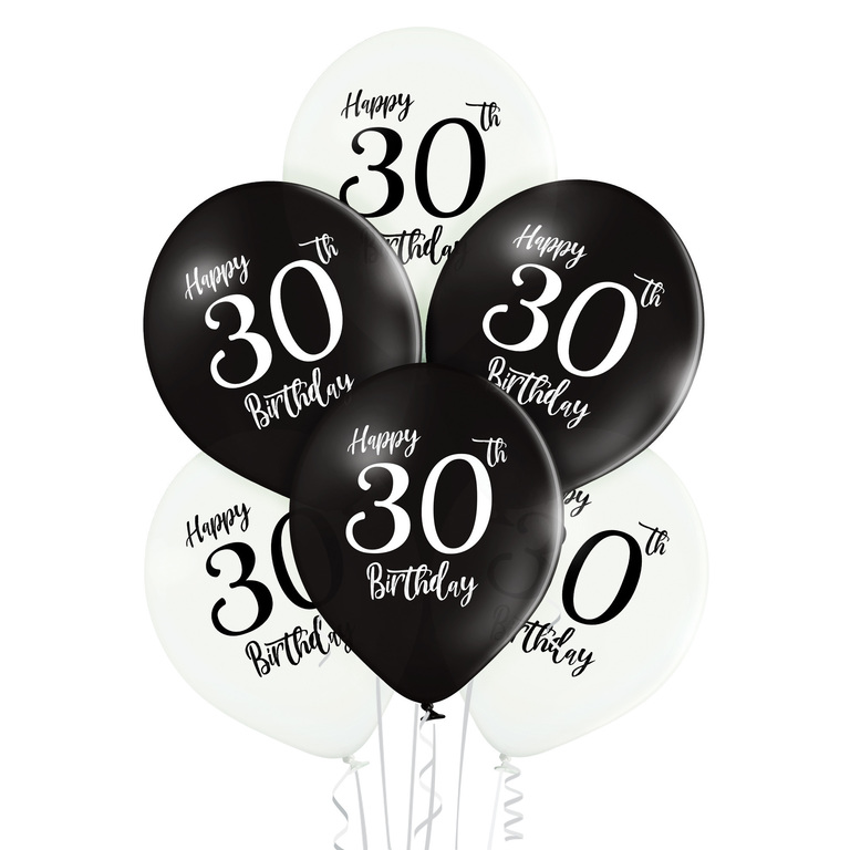 Balony lateksowe 6 sztuk w opakowaniu w kolorach biało czarnych z nadrukowaną cyfrą 30