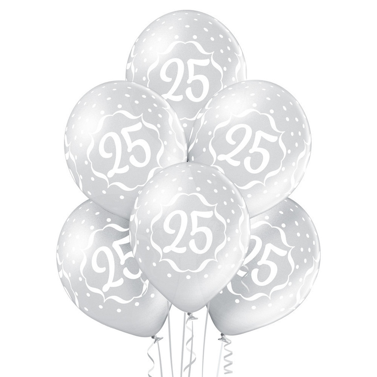 Balony lateksowe 6 sztuk w opakowaniu srebrne w białe '25'