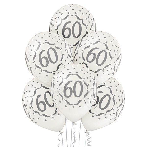 Balony lateksowe 6 sztuk w opakowaniu białe w srebrne '60'