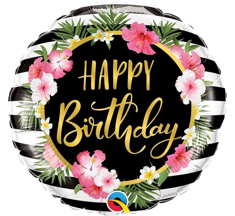Balon ze złotym napisem Happy birthday z kwiatami hibiskusa