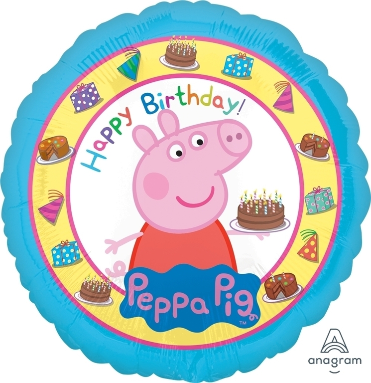 Balon z napisem Happy Birthday z tortem i Świnką Peppą