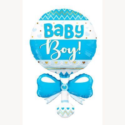 Piękny balon w kształcie niebieskiej grzechotki idealny na baby shower