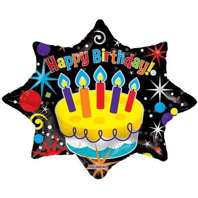 Balon czarna gwiazdka z tortem i świeczkami na urodziny