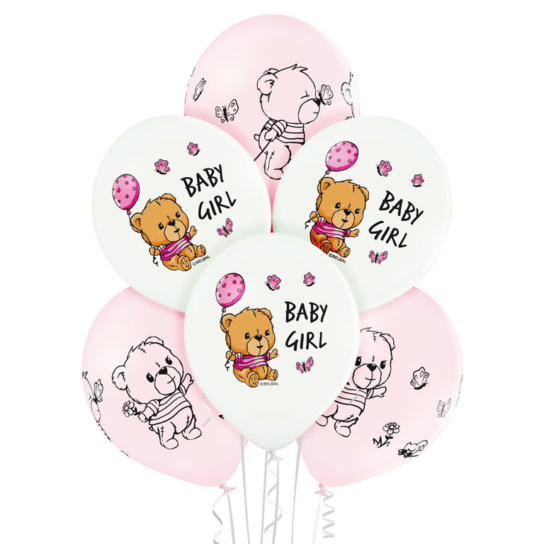Balony w komplecie 6 sztuk z misiem na narodziny dziewczynki
