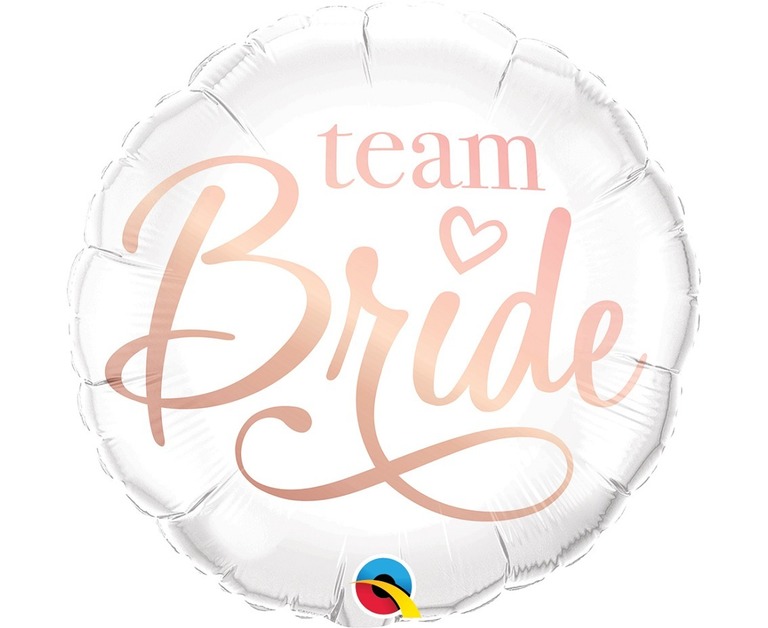 Różowo złoty napis Bride team na wieczór panieński na białym okrągłym balonie