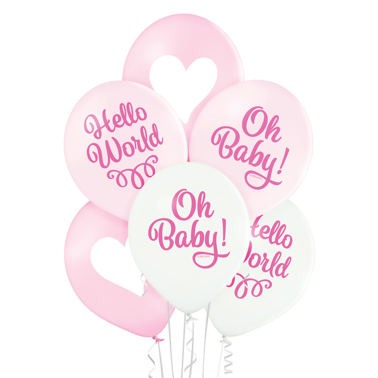 Balony  na narodziny dziewczynki z napisami Oh! Baby i Hello World oraz z sercami