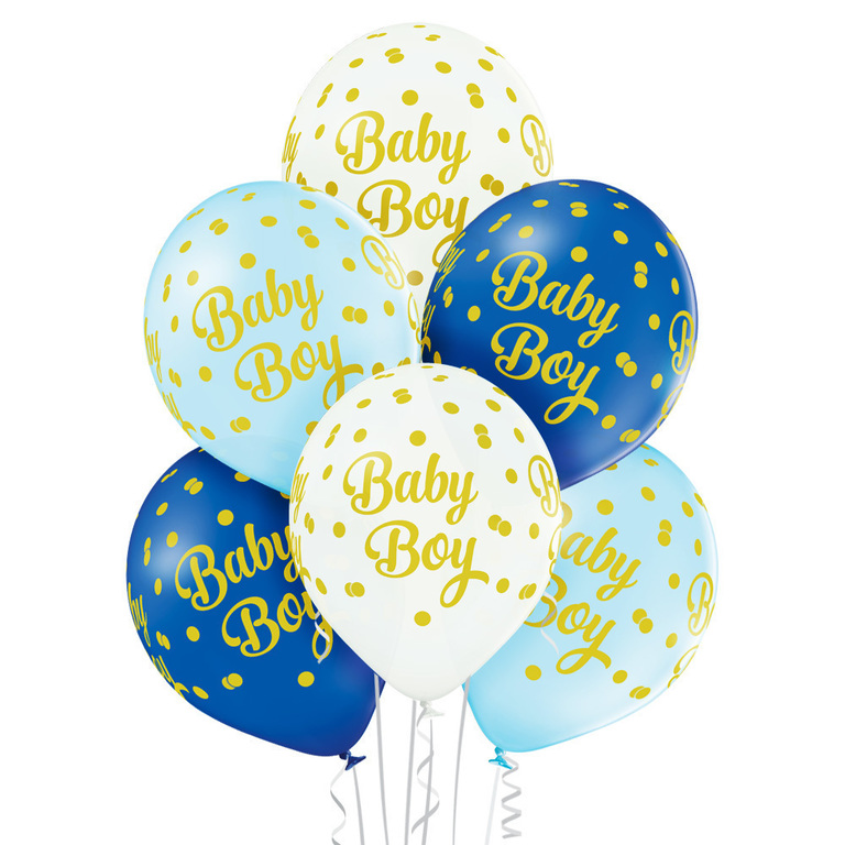 Balony na Baby Showe narodziny chłopca 6 sztuk w opakowaniu ze złotymi zdobieniami konfetti