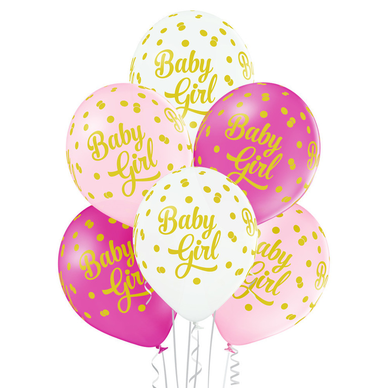 Balony na narodziny dziewczynki ze złotym napisem Baby Girl i nadrukowanym konfetti 6 sztuk w opakowaniu
