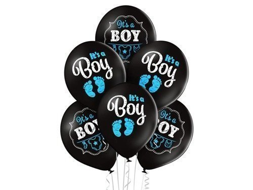 Balony na narodziny chłopca z  błękitnym napisem It's a Boy na czarnym tle